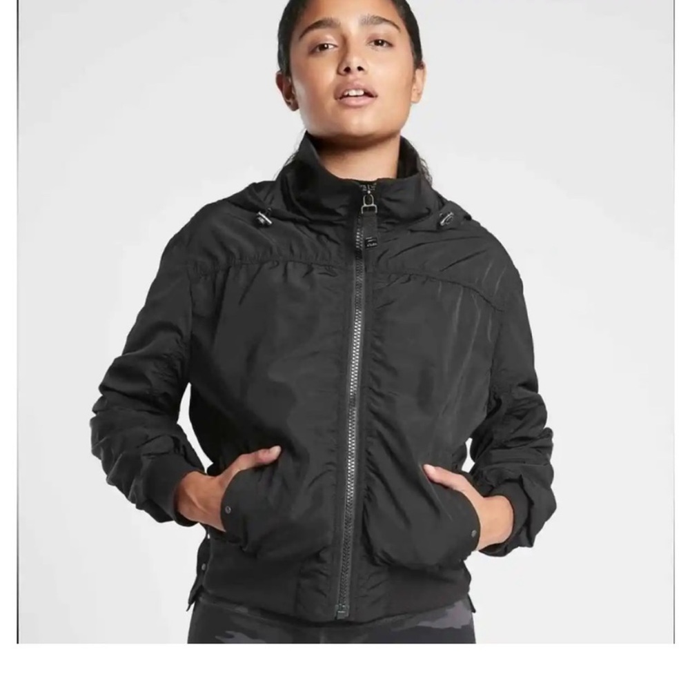 Athleta Point Reyes Bomber Black Studded  Hidden Hood large